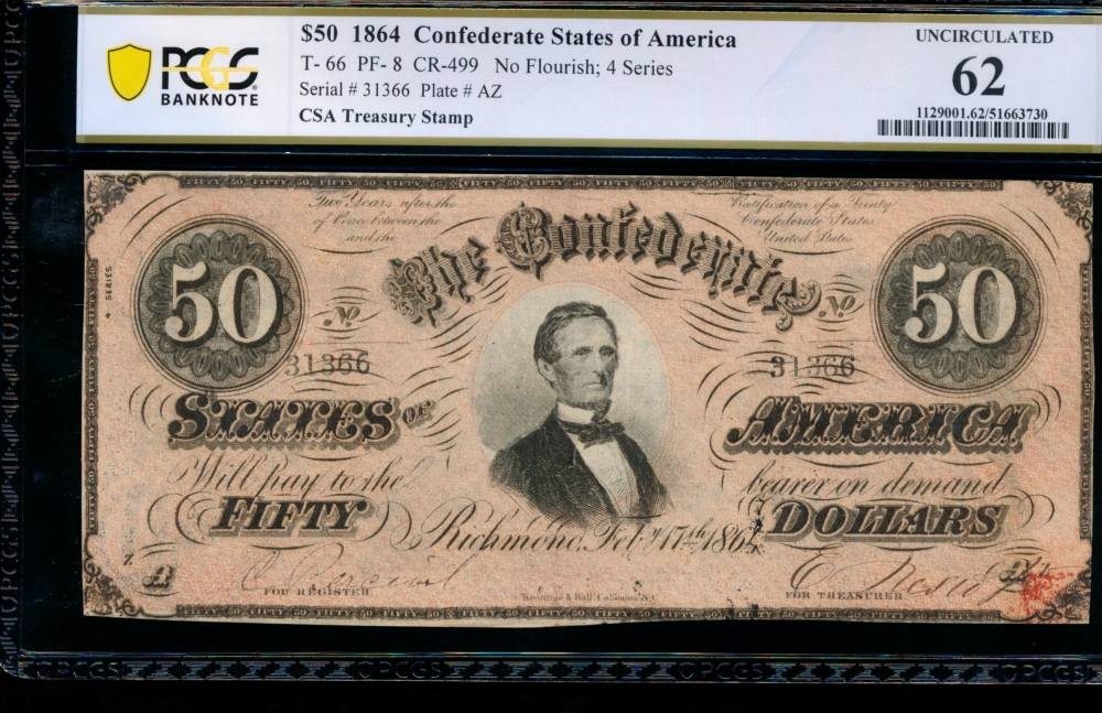 Fr. T-66 1864 $50  Confederate  PCGS 62 31366