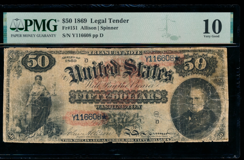 Fr. 151 1869 $50  Legal Tender  PMG 10 comment Y116608*