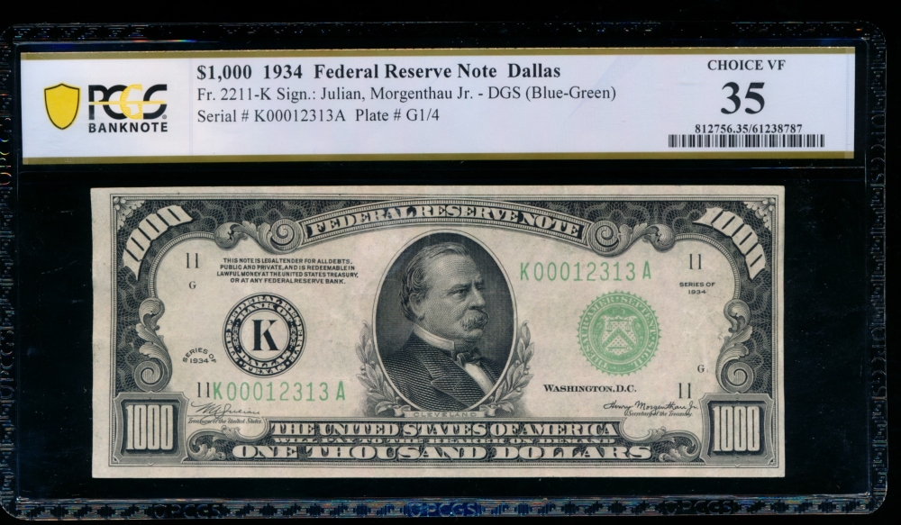 Fr. 2211-K 1934A $1,000  Federal Reserve Note Dallas PCGS 35 comment K00012313A