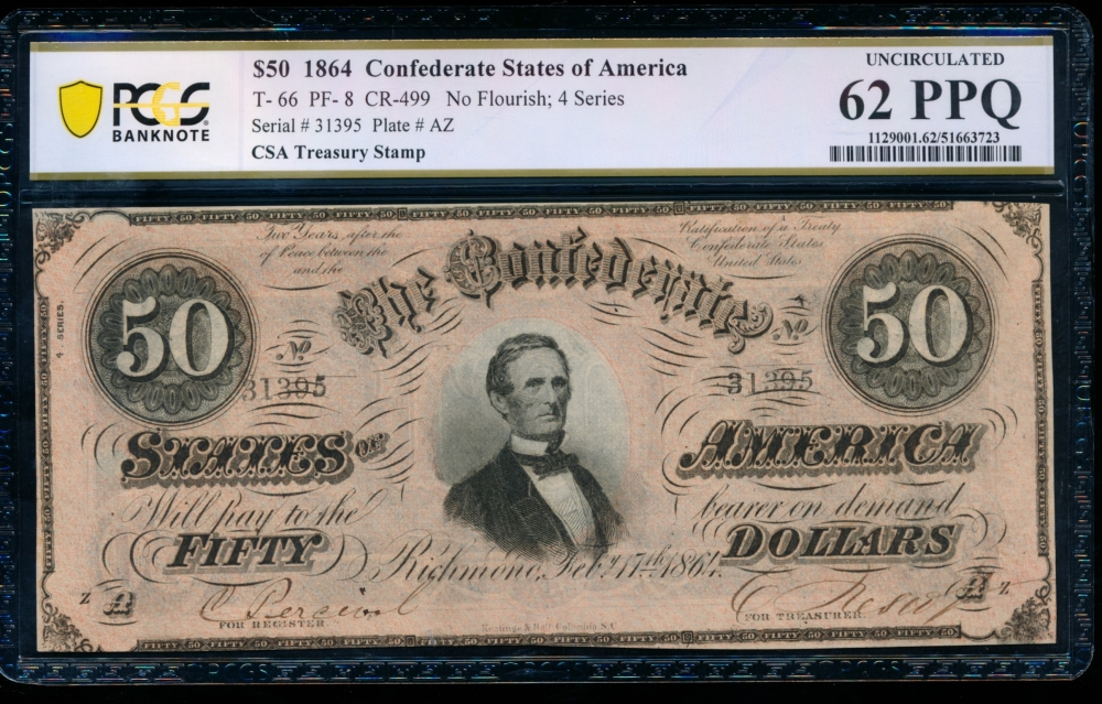 Fr. T-66 1864 $50  Confederate  PCGS 62PPQ 31395