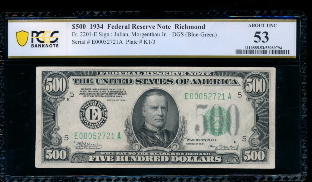 Fr. 2201-E 1934 $500  Federal Reserve Note RIchmond PCGS 53 comment E00052721A