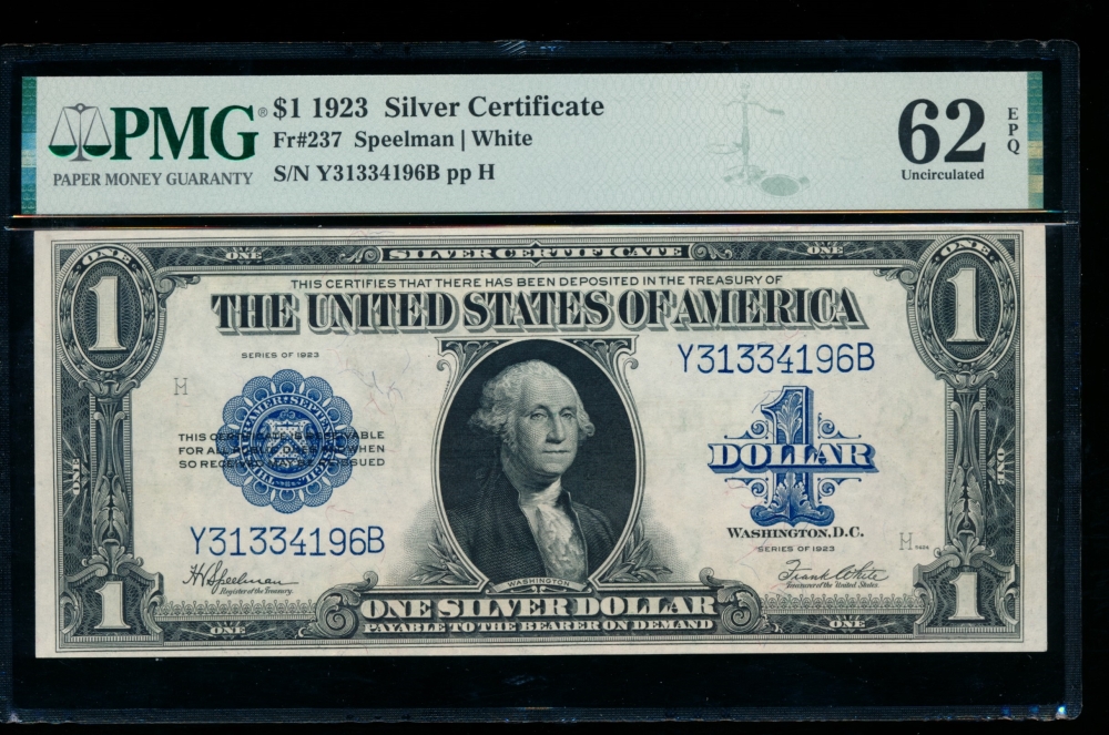 Fr. 237 1923 $1  Silver Certificate YB block PMG 62EPQ Y31334196B