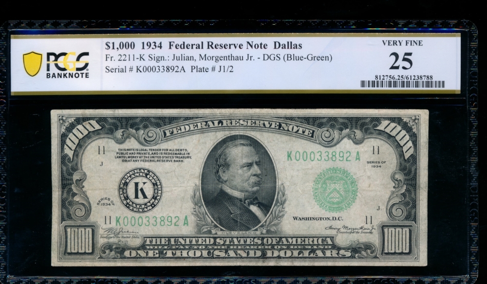 Fr. 2211-K 1934A $1,000  Federal Reserve Note Dallas PCGS 25 K00033892A