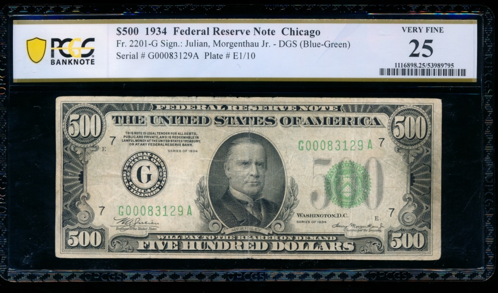 Fr. 2201-G 1934 $500  Federal Reserve Note Chicago PCGS 25 G00083129A