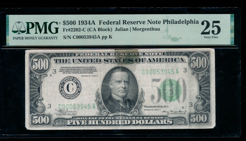 Fr. 2202-C 1934A $500  Federal Reserve Note Philadelphia PMG 25 comment C00053945A