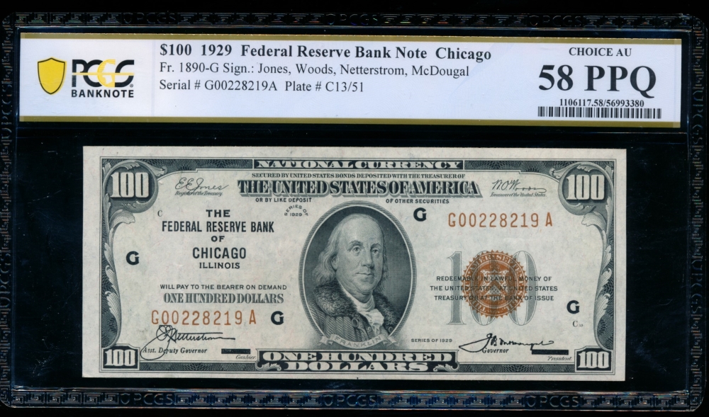 Fr. 1890-G 1929 $100  FRBN Chicago PCGS 58PPQ G00228219