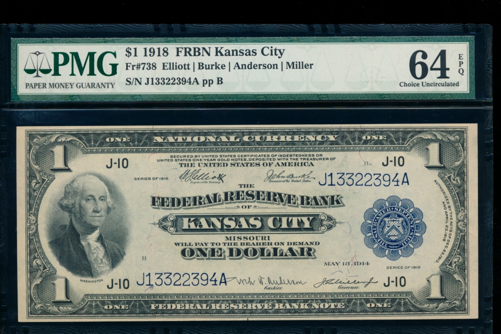 Fr. 738 1918 $1  FRBN Kansas City PMG 64EPQ J13322394A