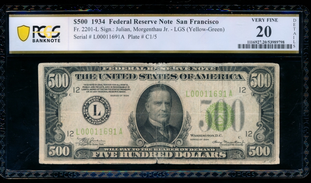 Fr. 2201-L 1934 $500  Federal Reserve Note San Francisco PCGS 20 details L00011691A