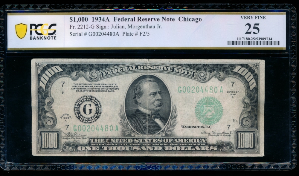 Fr. 2212-G 1934A $1,000  Federal Reserve Note Chicago PCGS 25 G00204480A