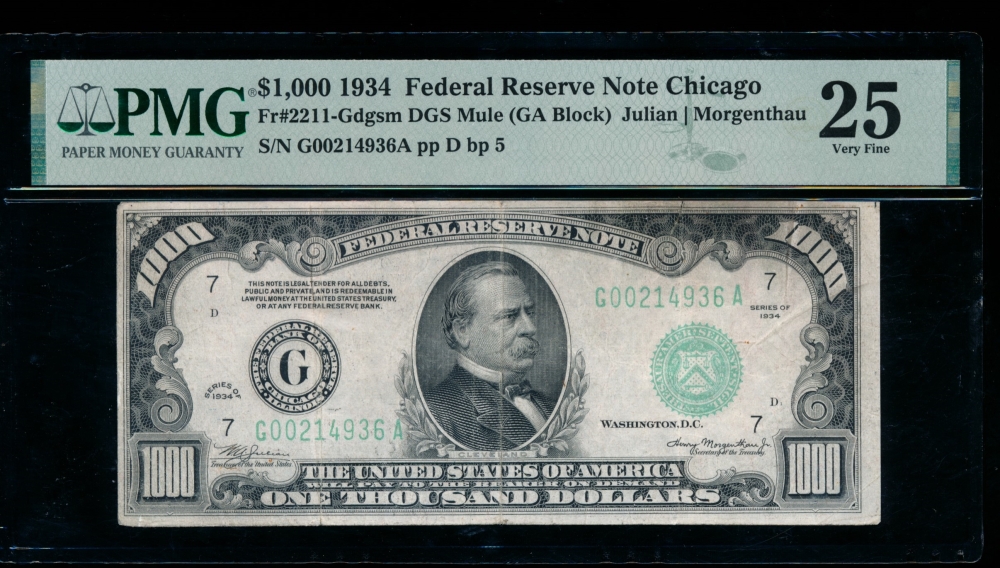 Fr. 2211-G 1934A $1,000  Federal Reserve Note Chicago PMG 25 comment G00214936A