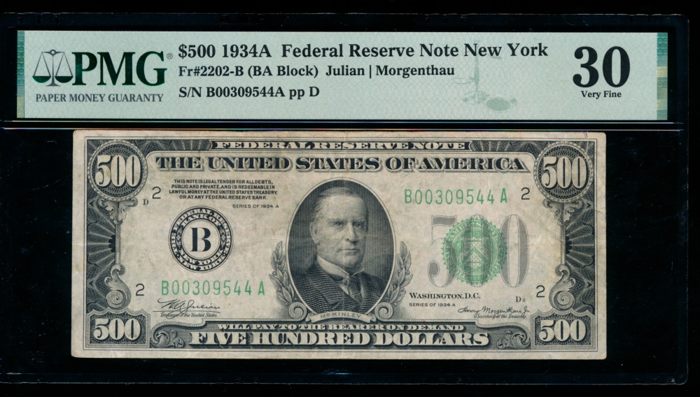 Fr. 2202-B 1934A $500  Federal Reserve Note New York PMG 30 comment B00309544A