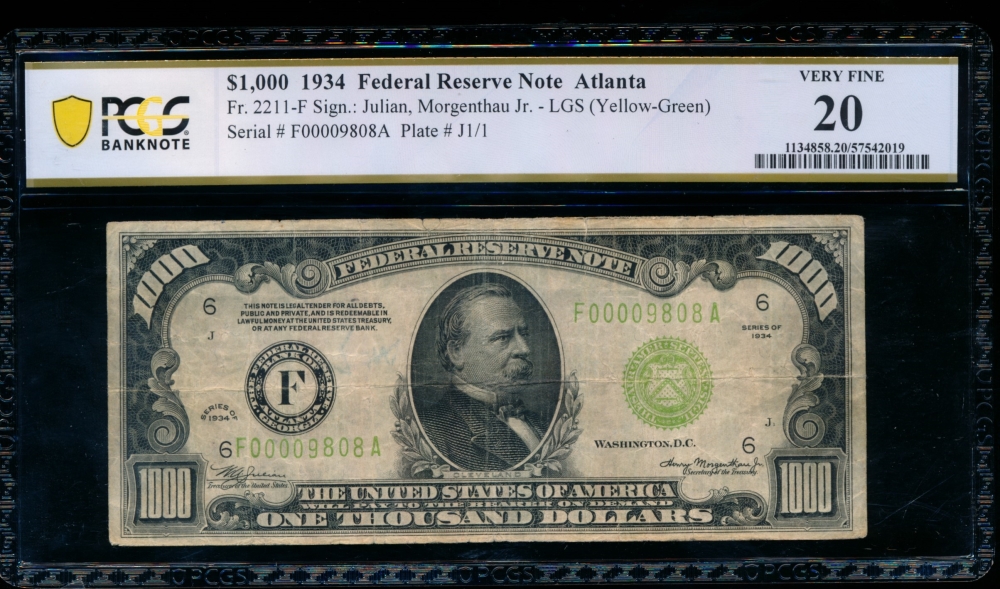 Fr. 2211-F 1934 $1,000  Federal Reserve Note Atlanta LGS PCGS 20 comment F00009808A