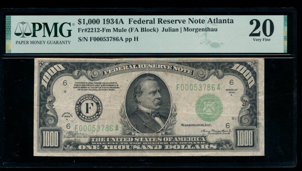 Fr. 2212-F 1934A $1,000  Federal Reserve Note Atlanta PMG 20 comment F00053786A