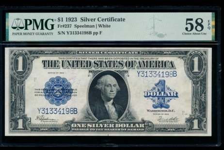 Fr. 237 1923 $1  Silver Certificate YB block PMG 58EPQ Y31334198B
