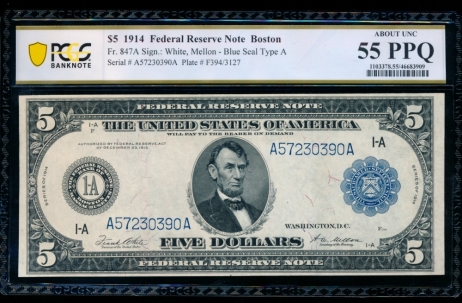 Fr. 847a 1914 $5  Federal Reserve Note  PCGS 55PPQ A57230390A