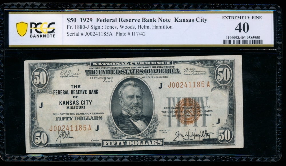 Fr. 1880-J 1929 $50  FRBN Kansas City PCGS 40 J00241185A