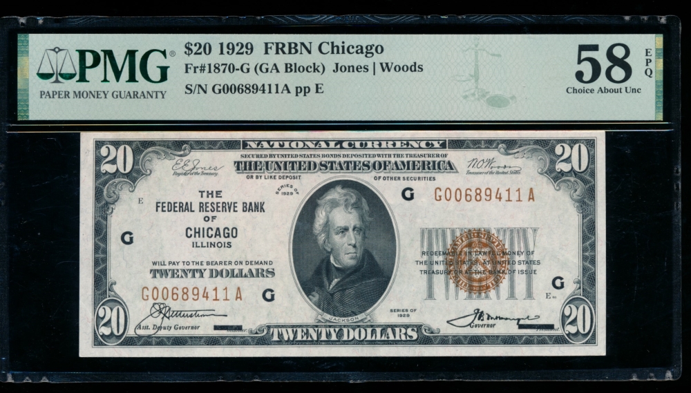 Fr. 1870-G 1929 $20  FRBN Chicago PMG 58EPQ G00689411A