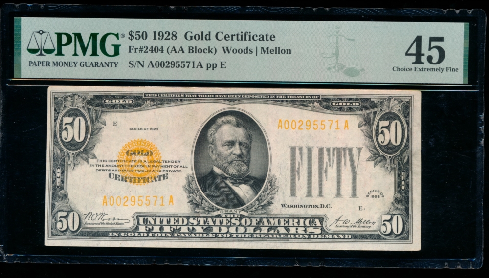 Fr. 2404 1928 $50  Gold Certificate  PMG 45 A00295571A