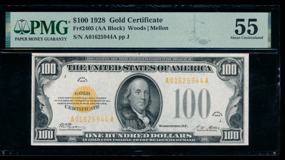 Fr. 2405 1928 $100  Gold Certificate  PMG 55 A01625944A