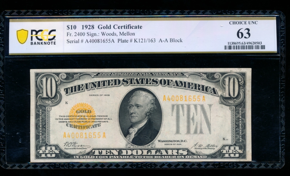 Fr. 2400 1928 $10  Gold Certificate AA block PCGS 63 A40081655A