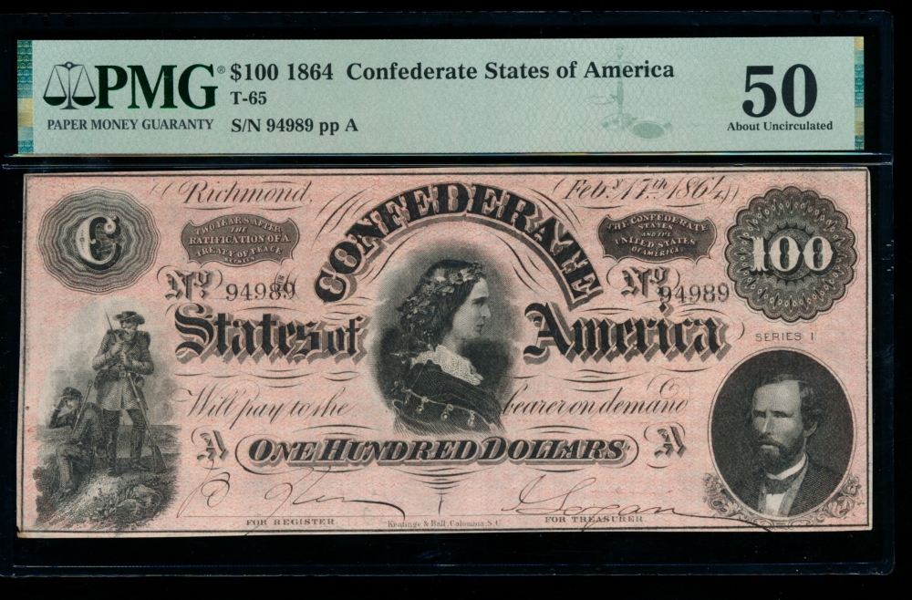 Fr. T-65 1864 $100  Confederate  PMG 50 comment 94989