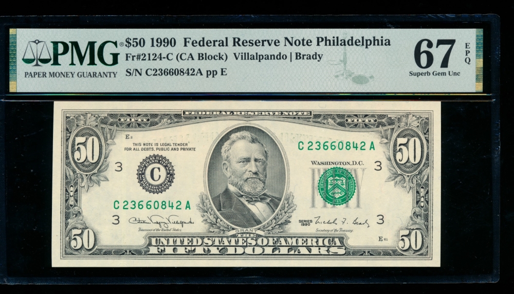 Fr. 2124-C 1990 $50  Federal Reserve Note Philadelphia PMG 67EPQ C23660842A