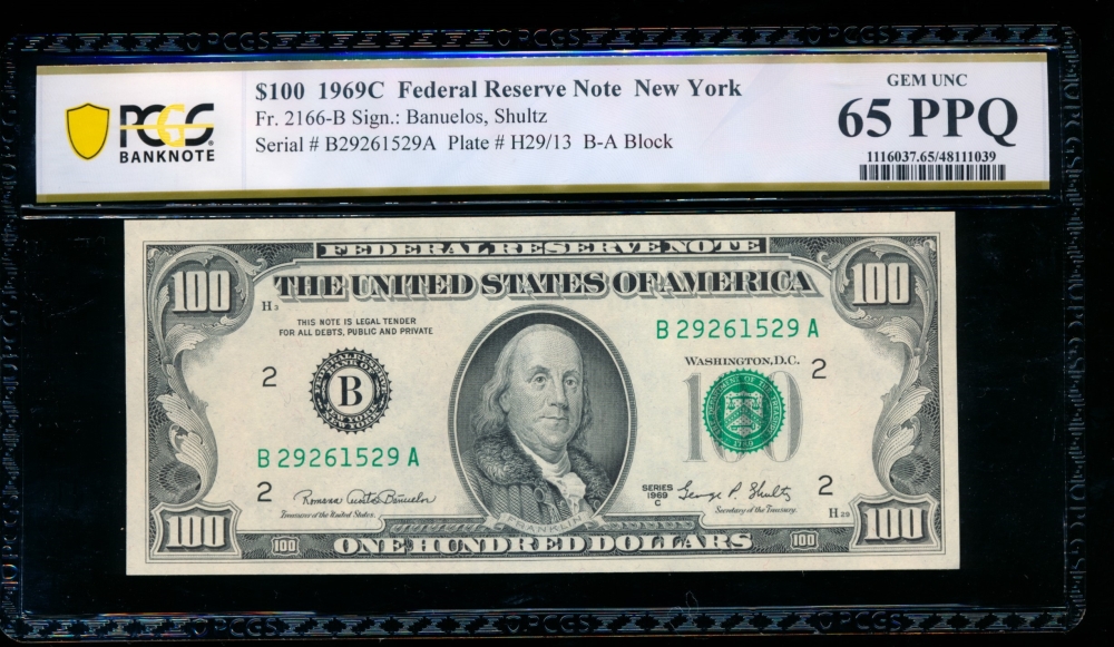 Fr. 2166-B 1969C $100  Federal Reserve Note New York PCGS 65PPQ B27261529A