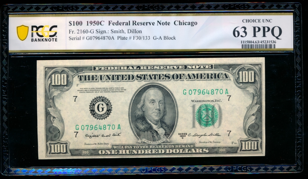 Fr. 2160-G 1950C $100  Federal Reserve Note Chicago PCGS 63PPQ G07964870A