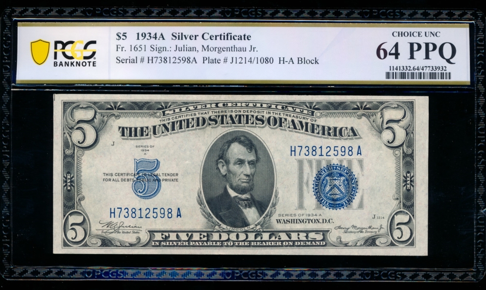 Fr. 1651 1934A $5  Silver Certificate HA block PCGS 64PPQ H73812598A