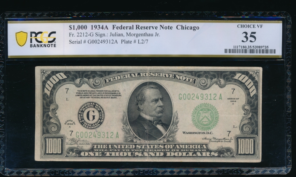 Fr. 2212-G 1934A $1,000  Federal Reserve Note Chicago PCGS 35 G00249312A