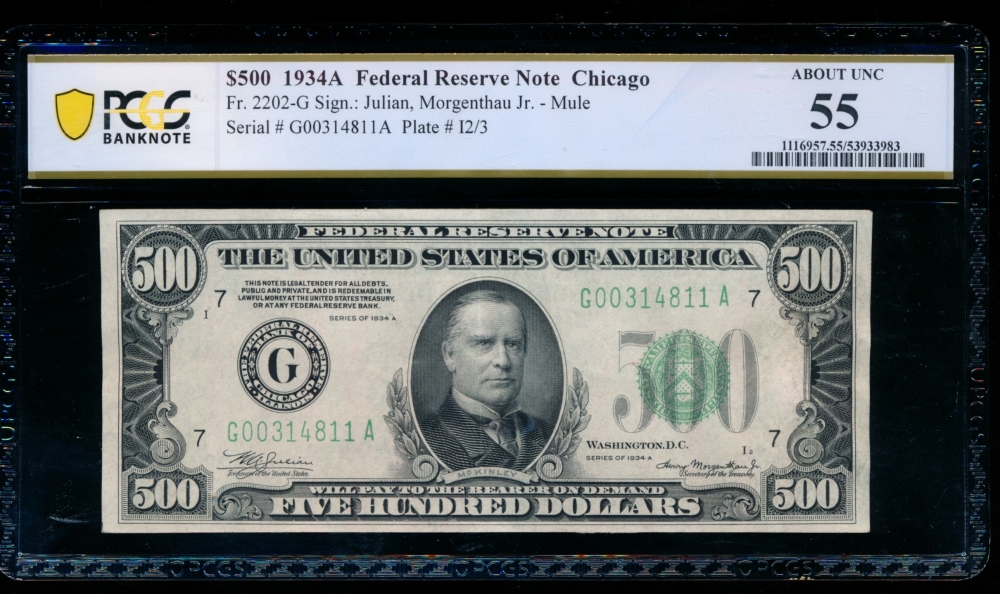 Fr. 2202-G 1934A $500  Federal Reserve Note Chicago PCGS 55 comment G00314811A