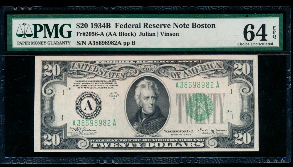 Fr. 2056-A 1934B $20  Federal Reserve Note Boston PMG 64EPQ A38698982A