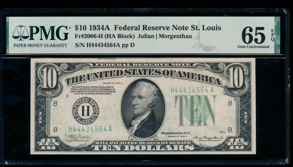 Fr. 2006-H 1934A $10  Federal Reserve Note Saint Louis PMG 65EPQ H44434564A