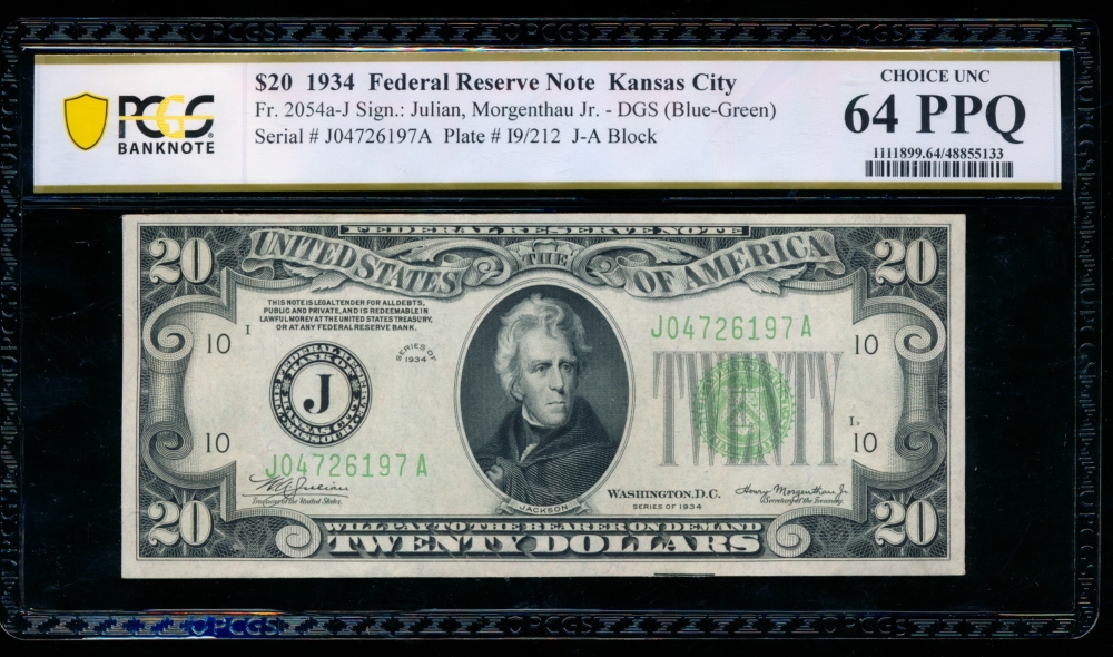 Fr. 2054-J 1934 $20  Federal Reserve Note Kansas City PCGS 64PPQ J04726197A