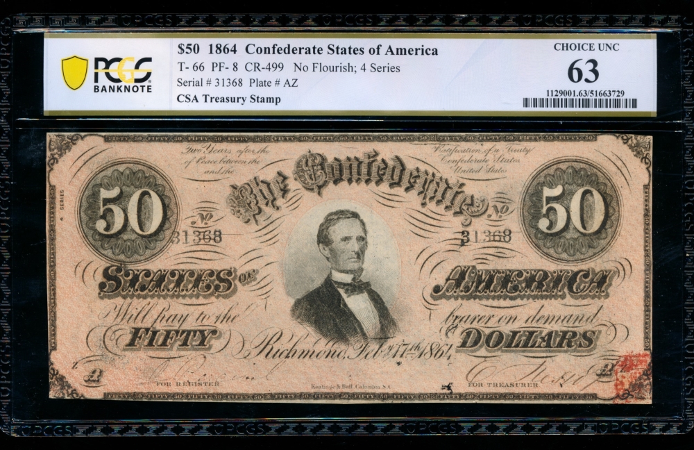 Fr. T-66 1864 $50  Confederate  PCGS 63 31368