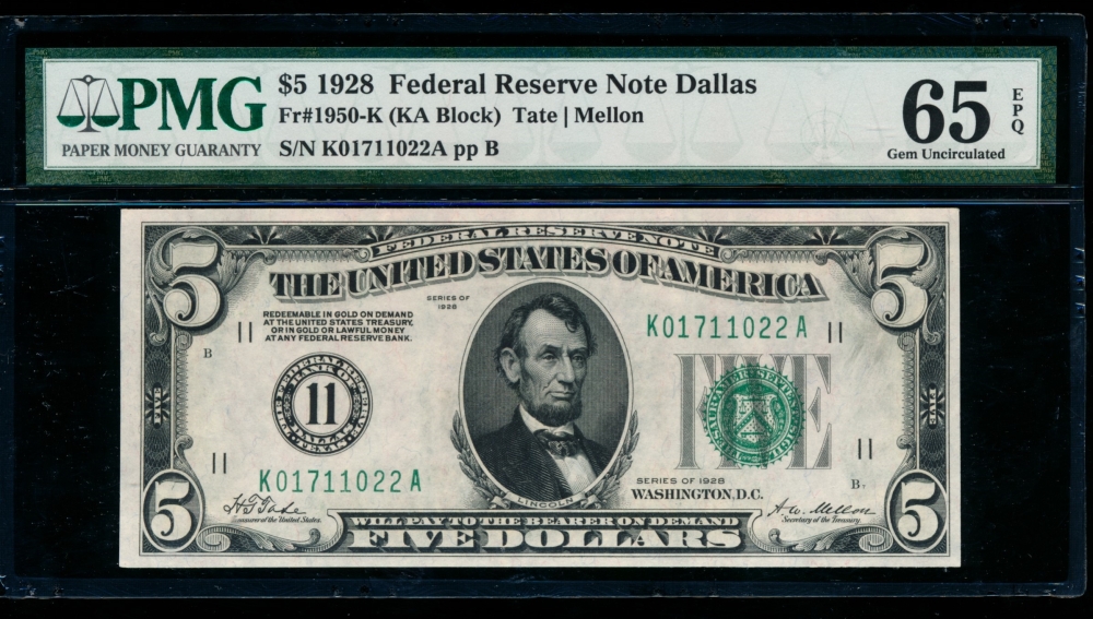 Fr. 1950-K 1928 $5  Federal Reserve Note Dallas PMG 65EPQ K01711022A