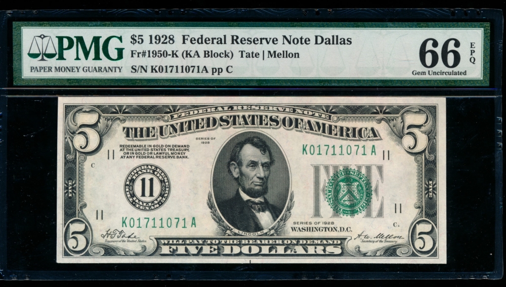 Fr. 1950-K 1928 $5  Federal Reserve Note Dallas PMG 66EPQ K01711071A