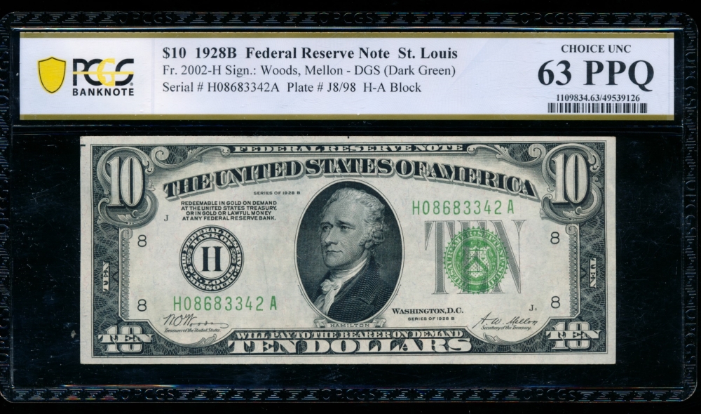 Fr. 2002-H 1928B $10  Federal Reserve Note Saint Louis PCGS 63PPQ H08683342A