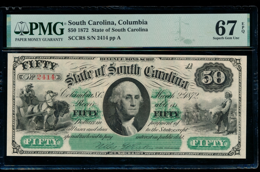 Fr. Cr SC-8 1872 $50  Obsolete State of South Carolina, Columbia, SC PMG 67EPQ 2414