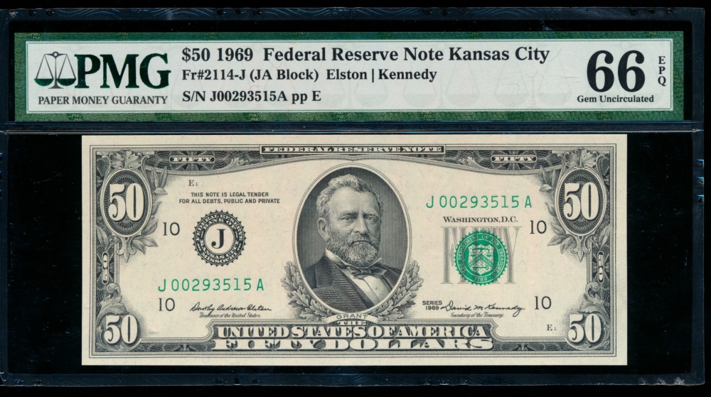Fr. 2114-J 1969 $50  Federal Reserve Note Kansas City PMG 66EPQ J00293515A