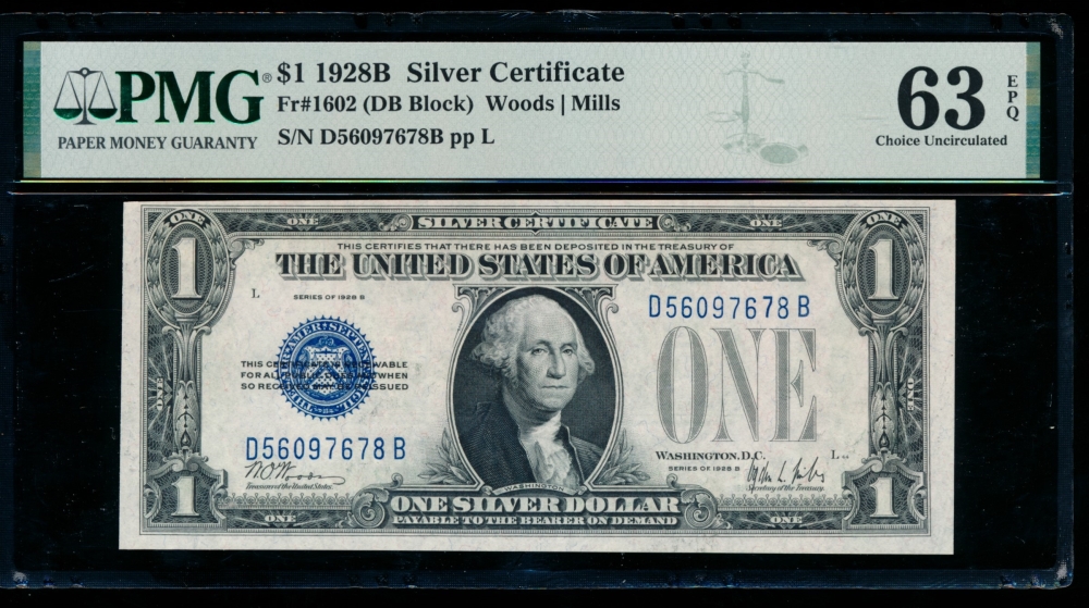 Fr. 1602 1928B $1  Silver Certificate DB block PMG 63EPQ D56097678B
