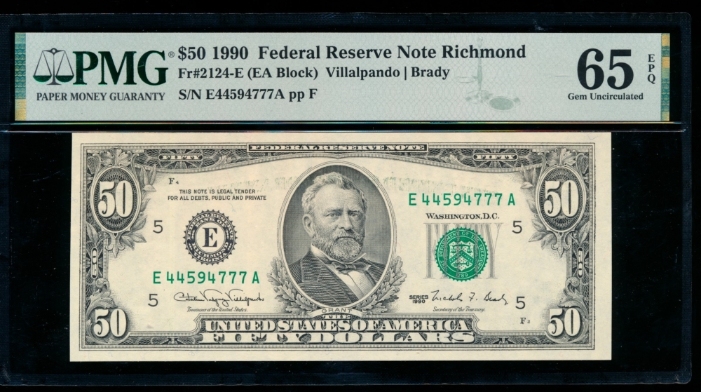 Fr. 2124-E 1990 $50  Federal Reserve Note Richmond PMG 65EPQ E44594777A