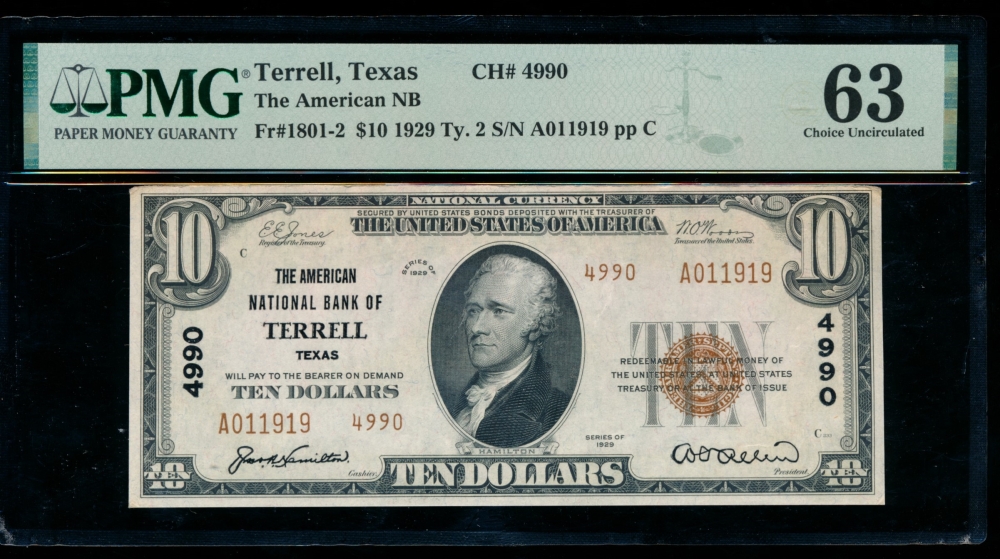 Fr. 1801-2 1929 $10  National: Type II Ch #4990 The American National Bank of Terrell, Texas PMG 63 A011919