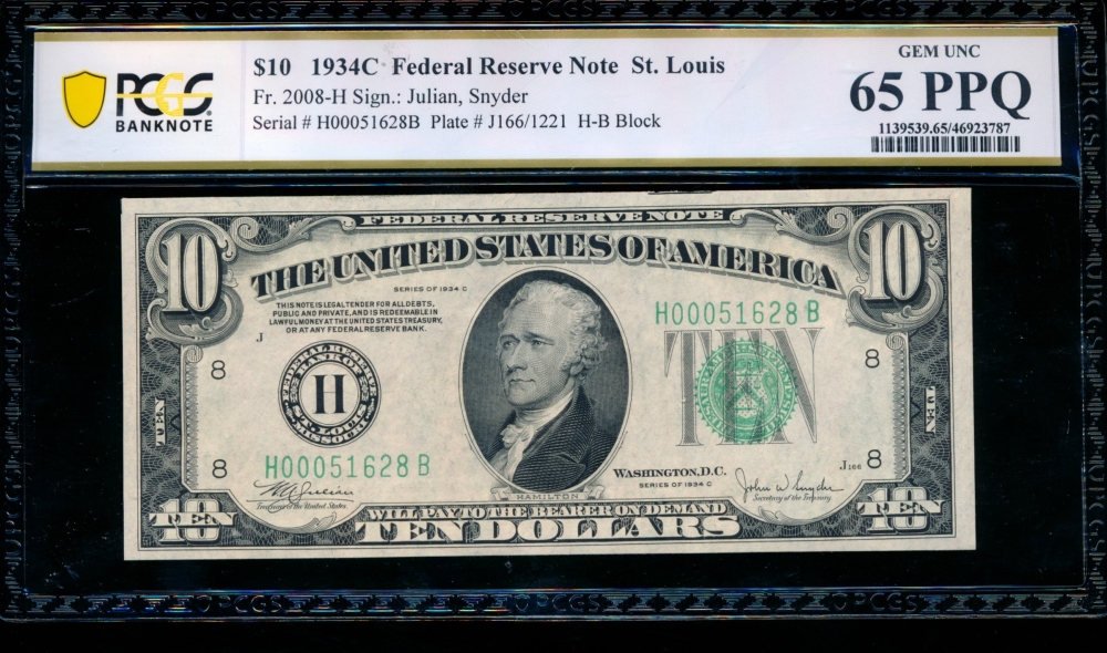 Fr. 2008-H 1934C $10  Federal Reserve Note Saint Louis PCGS 65PPQ H00051628B