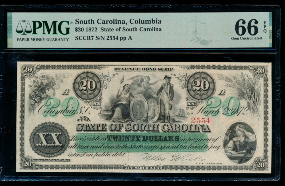 Fr. Cr SC-7 1872 $20  Obsolete State of South Carolina, Columbia, SC PMG 66EPQ 2554