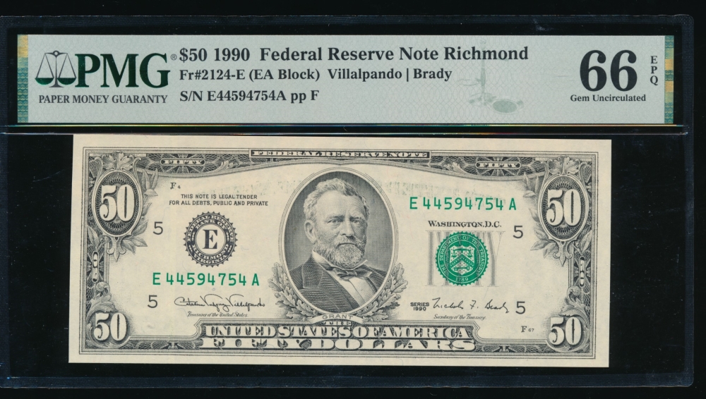 Fr. 2124-E 1990 $50  Federal Reserve Note Richmond PMG 66EPQ E44594754A