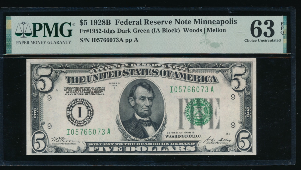 Fr. 1952-I 1928B $5  Federal Reserve Note Minneapolis PMG 63EPQ I05766073A