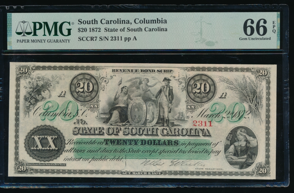Fr. Cr SC-7 1872 $20  Obsolete State of South Carolina, Columbia, SC PMG 66EPQ 2311