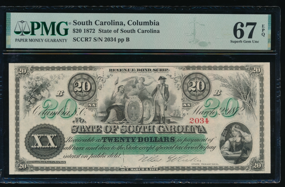 Fr. Cr SC-7 1872 $20  Obsolete State of South Carolina, Columbia, SC PMG 67EPQ 2034