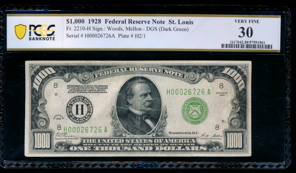 Fr. 2210-H 1928 $1,000  Federal Reserve Note Saint Louis PCGS 30 H00026726A